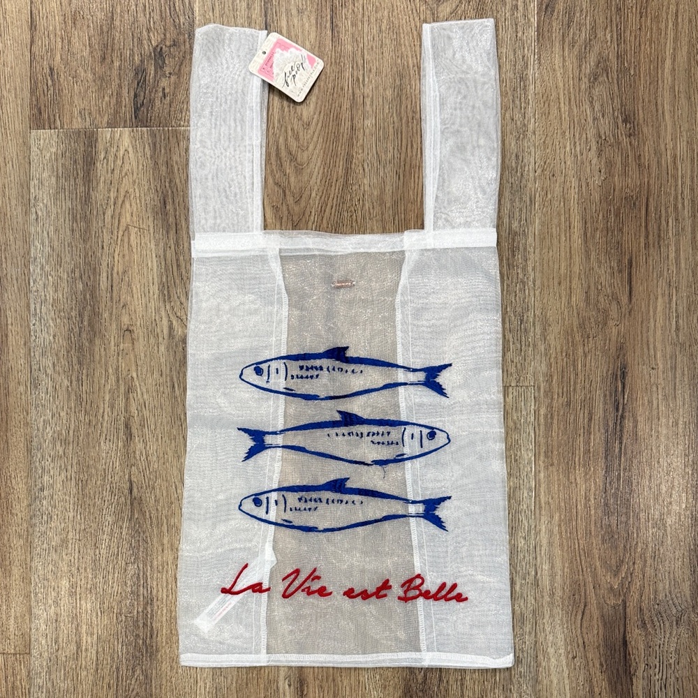 NWT Free People La Vie est Belle White and Blue Fish Design Bag